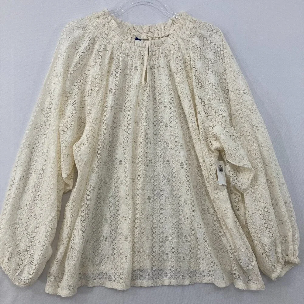 New‎ Old Navy size 2X Cream White Tie Front Lace Crochet Puff Sleeve Top Boho